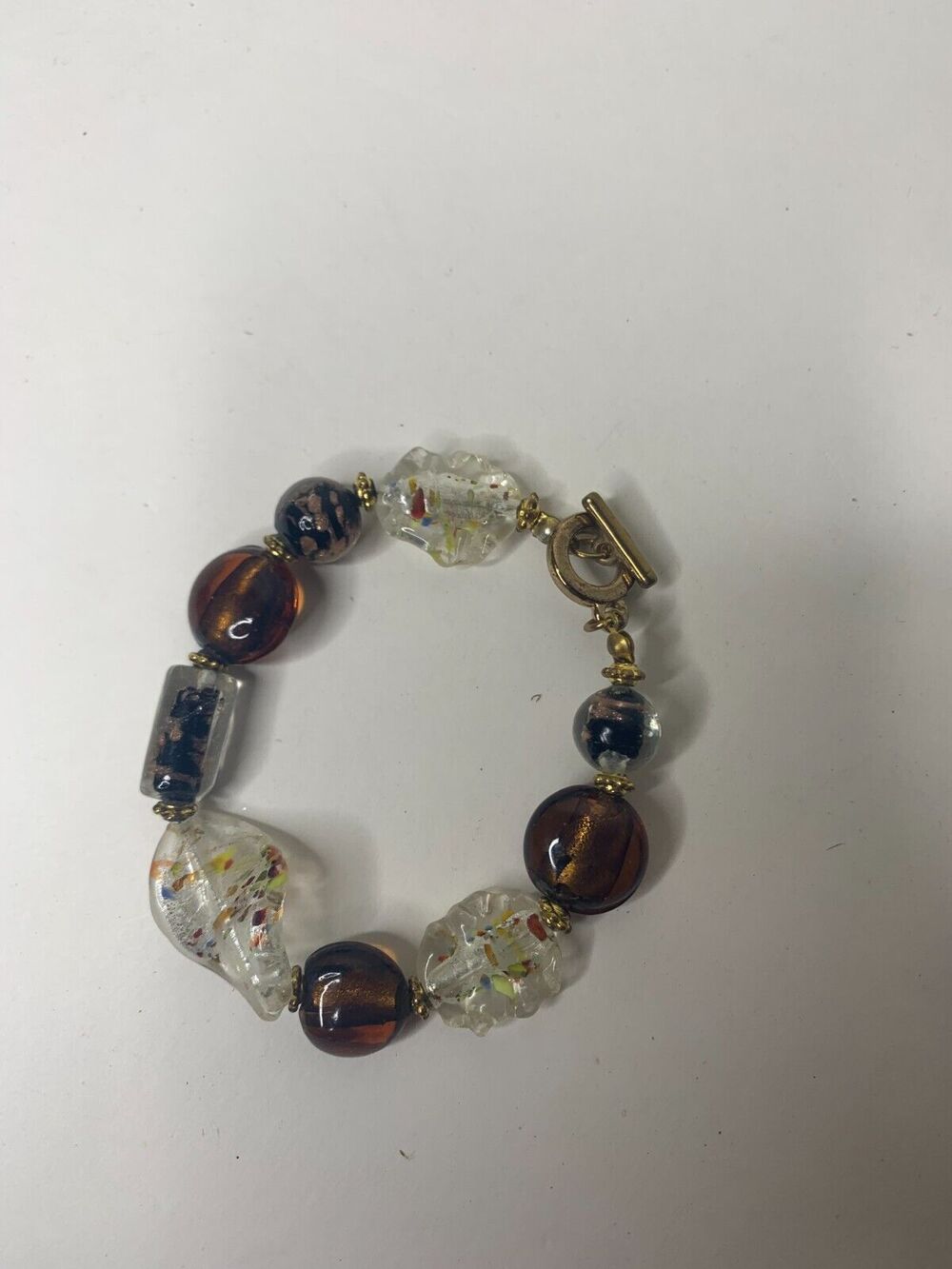 Homemade Earthtone Beads Bracelet Round Cylinder Natural Amber Toggle Clasp